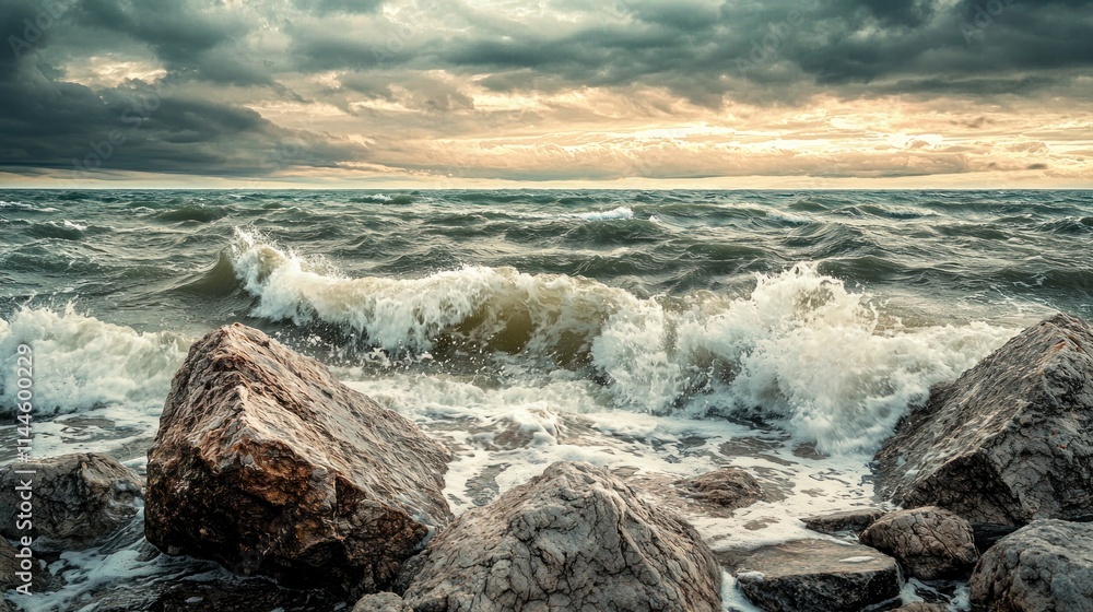 A stormy sea with powerful waves crashing against rocks, demonstrating the raw power of nature in an extreme weather event A stormy sea with powerful waves crashing against rocks, demonstrating the raw power of nature in an extreme weather event