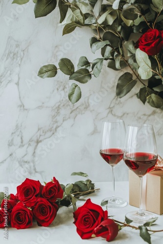 Romantic setting featuring a glass of red wine, fresh roses, and chocolate in...
