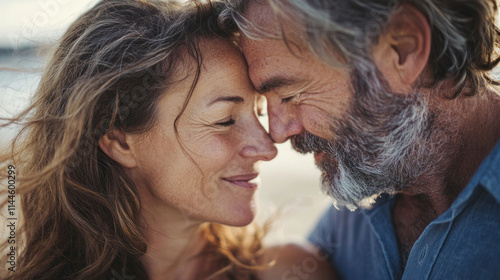 Closeup portrait of happy middle aged couple embracing outdoors