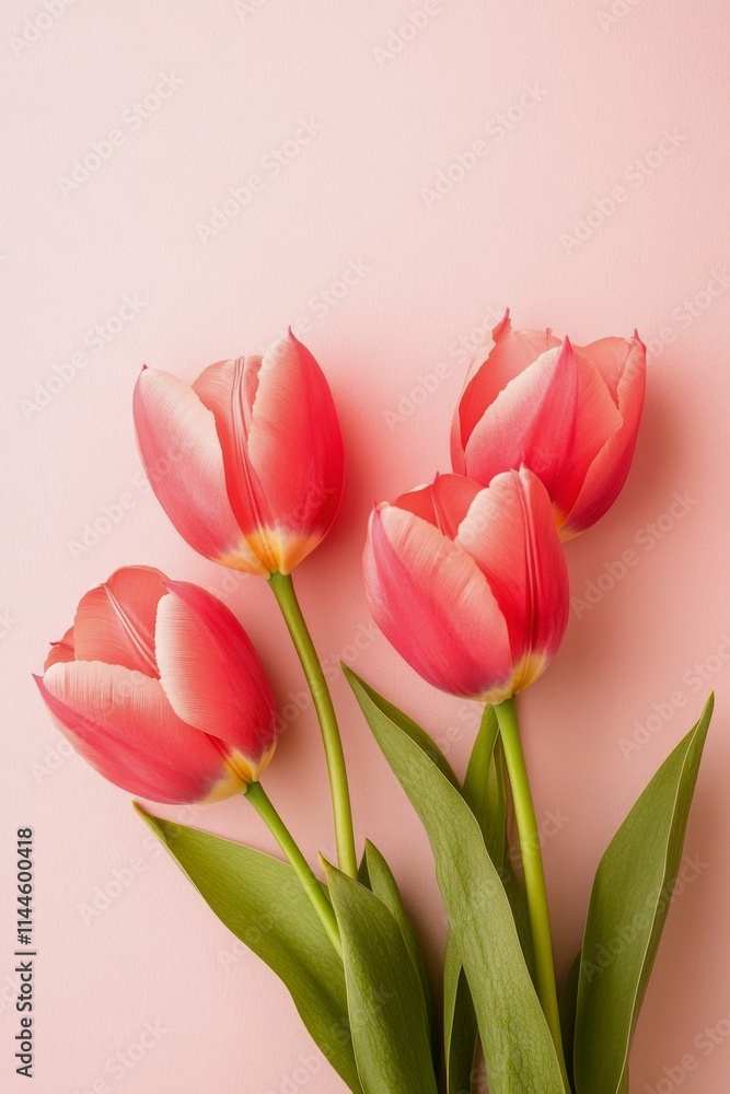 Fototapeta premium Beautiful pink tulips arranged elegantly on a soft pink background showcasing their vibrant colors and delicate