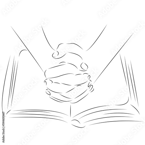 One continuous single drawing line art flat doodle hand, religious, religion, pray, book. Isolated flat illustration hand draw contour on a white background
