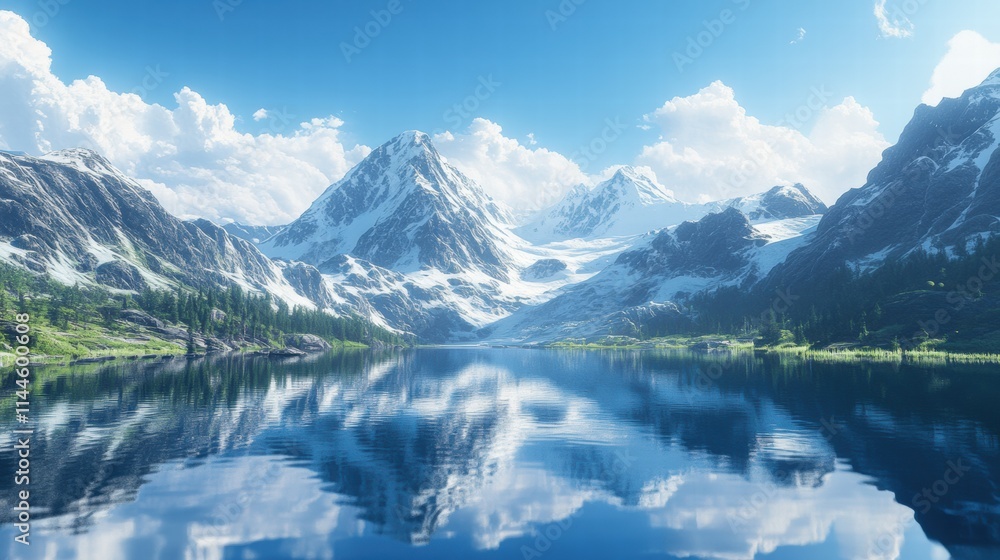 Majestic snow-capped peaks reflected perfectly in a calm waterbody, beneath a deep azure sky with soft wisps of clouds. Majestic snow-capped peaks reflected perfectly in a calm waterbody, beneath a deep azure sky with soft wisps of clouds.