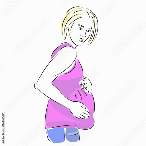 One continuous single drawing line art flat doodle pregnancy, one, people, female, woman. Isolated image hand draw contour on a white background
