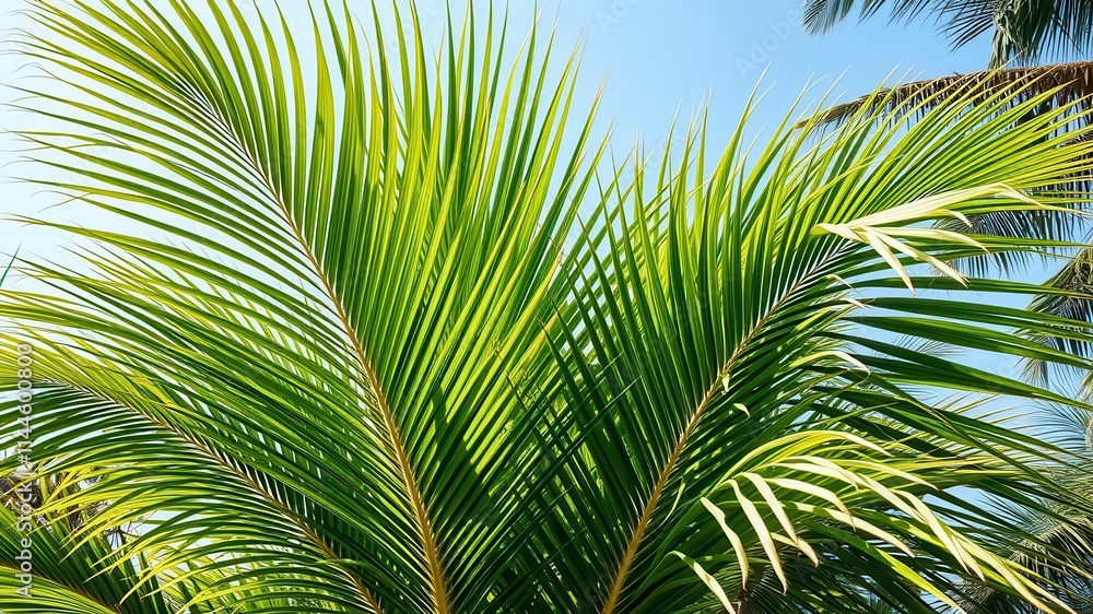 Tropical palm leaves in vibrant green hues against a clear blue sky, tropical paradise, lush Tropical palm leaves in vibrant green hues against a clear blue sky, tropical paradise, lush