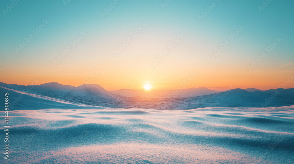 Obraz premium Sunset over snow-covered mountains. Serene winter landscape bathed in warm golden light.