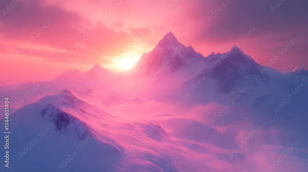 Fototapeta premium Pink sunset over snow-capped mountains. Serene winter landscape bathed in warm light.