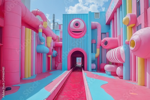 Bright and colorful amusement park alley filled with playful art and unique structures in a whimsical setting