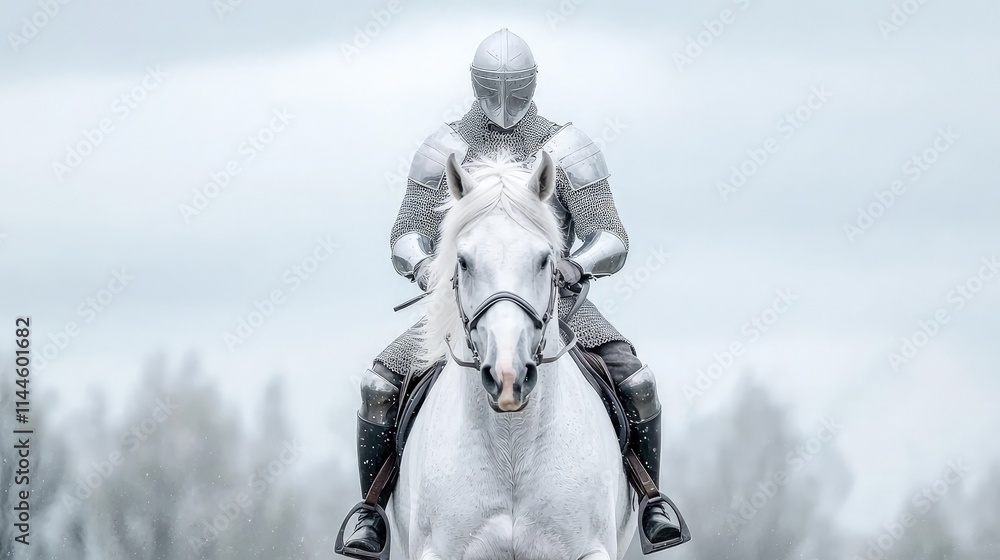 Medieval knight in shining armor riding a white horse. Medieval knight in shining armor riding a white horse.