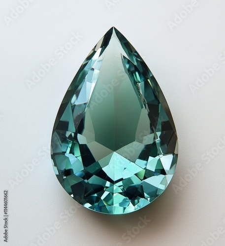 Sparkling teal gemstone in a tear drop shape illuminated by soft light showin...