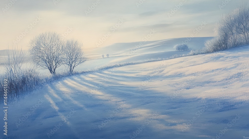 A serene winter landscape with soft snow, gentle hills, and bare trees under a pastel sky. A serene winter landscape with soft snow, gentle hills, and bare trees under a pastel sky.