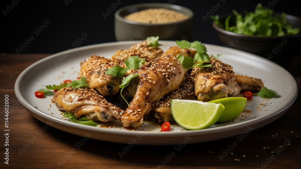 Thai stuffed chicken wings with spices, light background, space on the left, Backlighting,generative ai illustration Thai stuffed chicken wings with spices, light background, space on the left, Backlighting,generative ai illustration