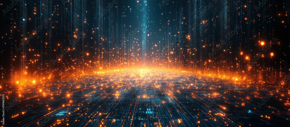 A digital landscape featuring glowing particles and a futuristic atmosphere. A digital landscape featuring glowing particles and a futuristic atmosphere.
