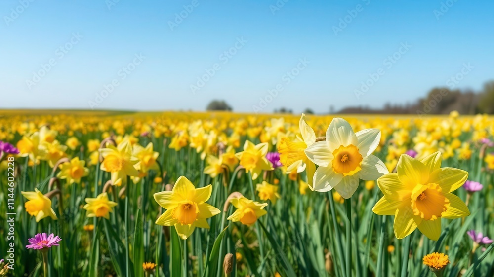 Vibrant yellow daffodil flowers bloom in a vast field under clear blue skies, flowers, beautiful, seasonal Vibrant yellow daffodil flowers bloom in a vast field under clear blue skies, flowers, beautiful, seasonal