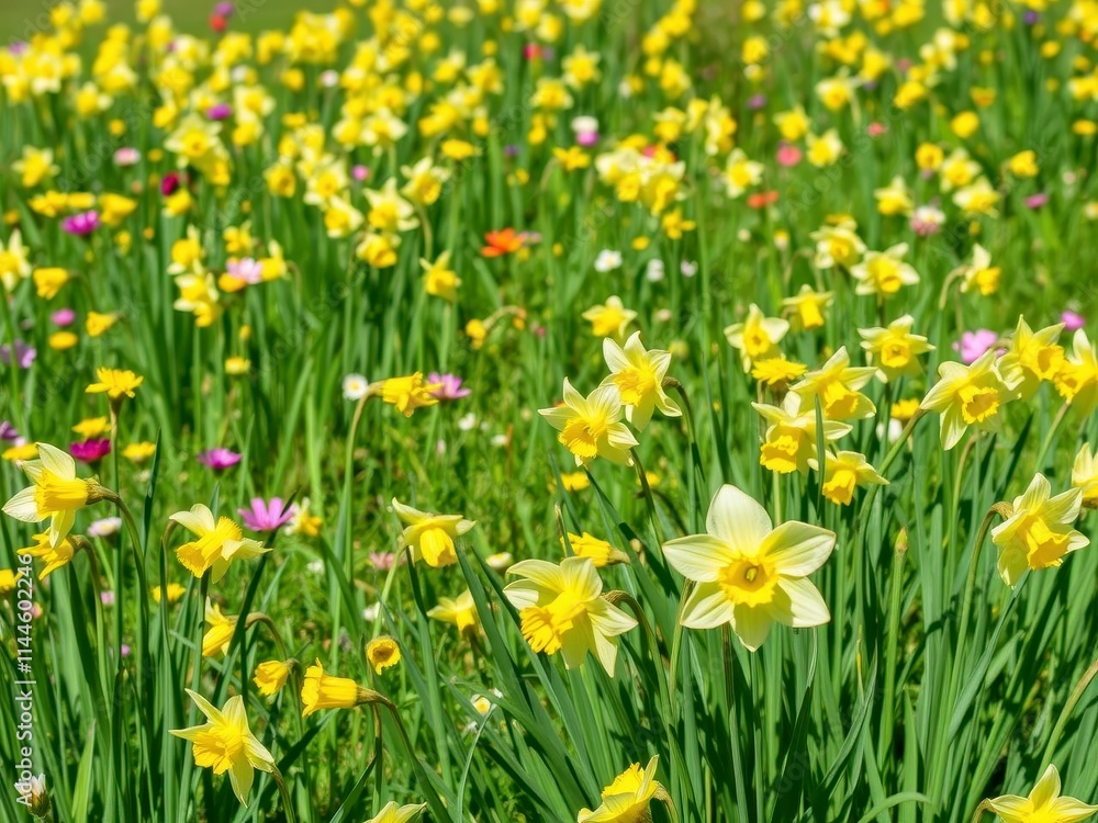 Vibrant yellow daffodil flowers blooming in a lush green field under the sun, landscape, flora Vibrant yellow daffodil flowers blooming in a lush green field under the sun, landscape, flora