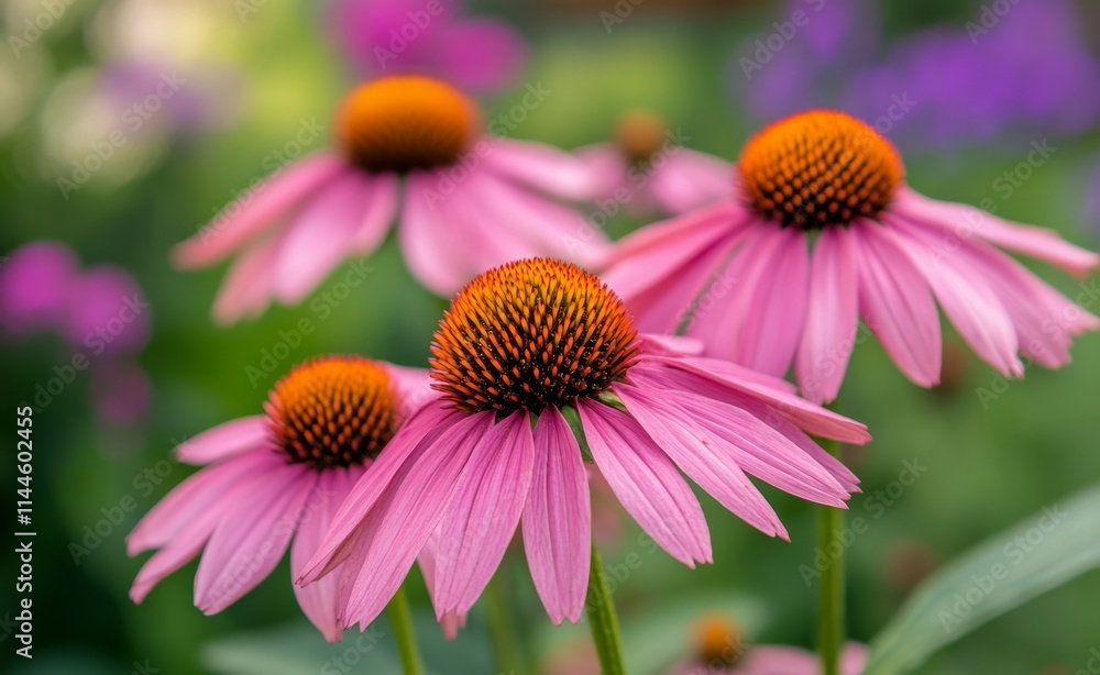 Pink echinacea flowers with vibrant orange centers bloom in a lush garden during the summer season, surrounded Pink echinacea flowers with vibrant orange centers bloom in a lush garden during the summer season, surrounded