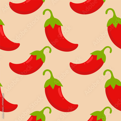 Chilli seamless pattern on color background. Red hot chili peppers natural organic food
