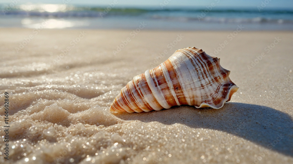 A collection of beautiful beach shells scattered across soft sand, captured in stunning detail A collection of beautiful beach shells scattered across soft sand, captured in stunning detail