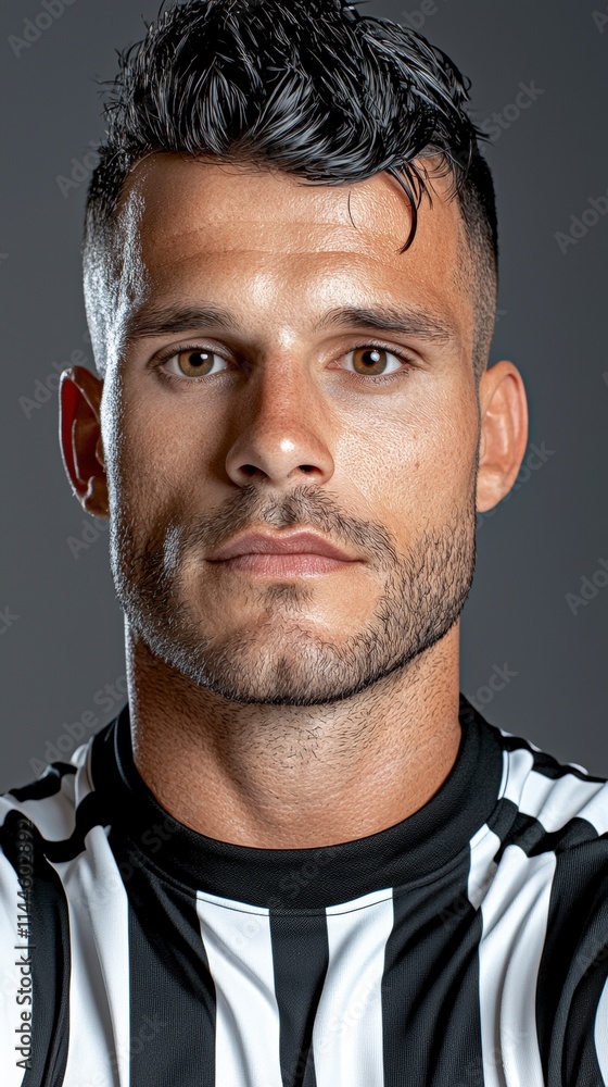Fototapeta premium Confident Referee Portrait Black and White Striped Shirt Cinematic Lighting