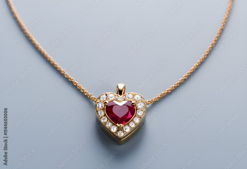 Glamorous Ruby and Diamond Heart Pendant on Blue Background