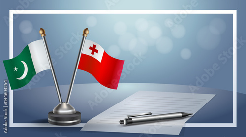 Pakistan and Tonga National flags on small table with bokeh background, cooperative relationship