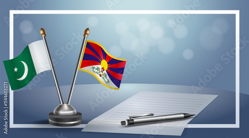 Pakistan and Tibet National flags on small table with bokeh background, cooperative relationship