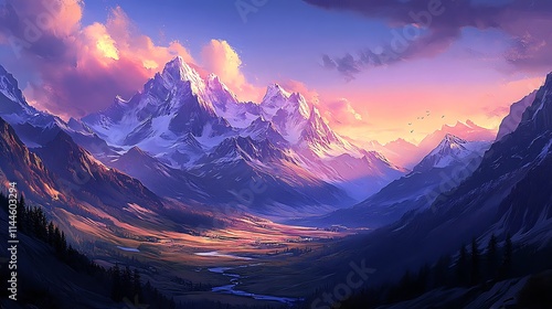 A peaceful alpine valley at dusk, with warm sunlight highlighting the contours of the mountains and creating a soft, inviting glow across the landscape 