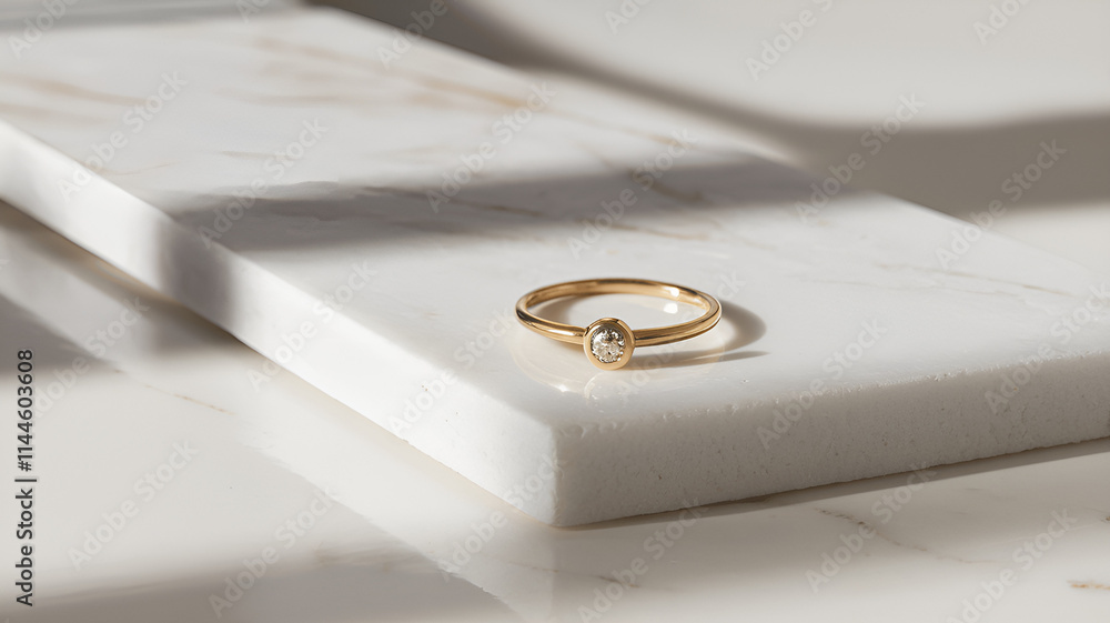 Understated Gold Diamond Ring on Marble Surface Understated Gold Diamond Ring on Marble Surface