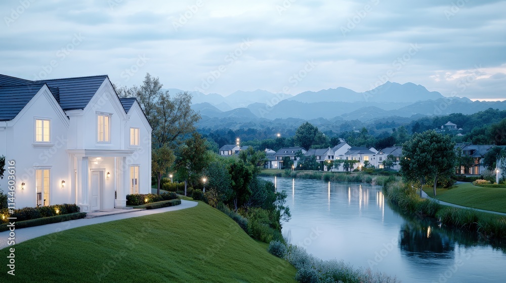 Naklejka premium Luxurious white house by river, mountain view.