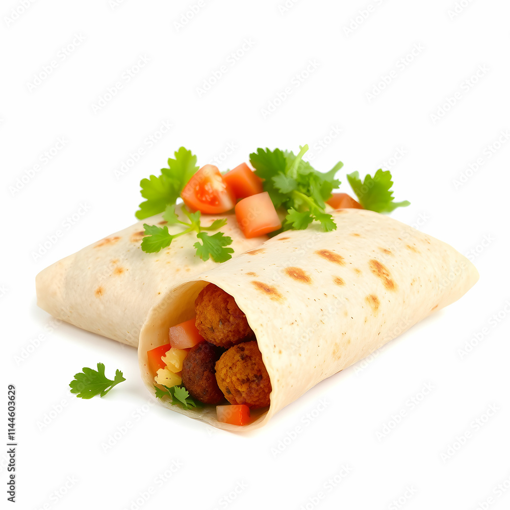 Tortilla wrap with falafel and fresh salad isolated on the blank background Tortilla wrap with falafel and fresh salad isolated on the blank background