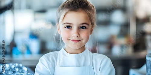 A young girl wearing a white chef's uniform smiles confidently in a kitchen setting. Concept Young Chef Aspirations, Culinary Skills in Action, Kitchen Confidence, Future Culinary Star