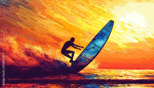 Illustration of a windsurfer silhouette with a sunset backdrop. photo