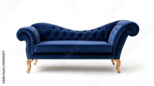 A luxurious blue velvet sofa with tufted upholstery and elegant golden legs.