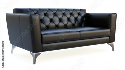 A stylish black leather sofa with tufted detailing and sleek chrome legs, perfect for modern living spaces.