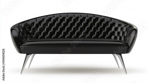 A sleek black tufted sofa with a curved silhouette and metal legs, combining modern elegance and comfort.