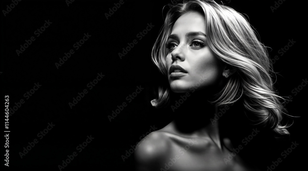A dramatic black and white portrait of a woman with blonde hair, elegance and enigmatic beauty with open text area A dramatic black and white portrait of a woman with blonde hair, elegance and enigmatic beauty with open text area