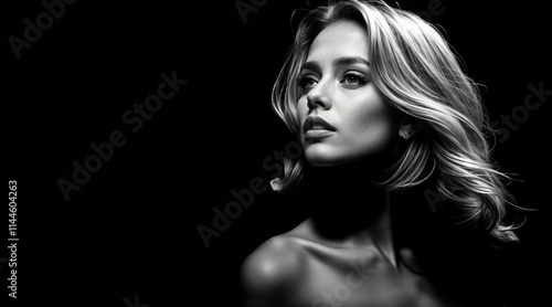 A dramatic black and white portrait of a woman with blonde hair, elegance and enigmatic beauty with open text area