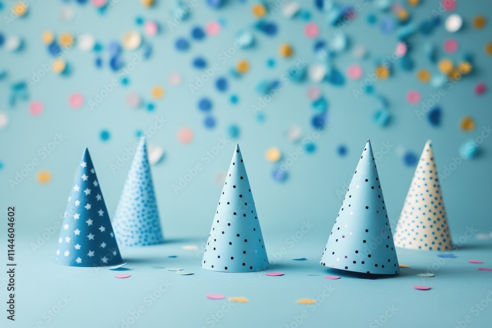 Colorful blue party hats and confetti scattered on a light blue background for a festive celebration in a Colorful blue party hats and confetti scattered on a light blue background for a festive celebration in a