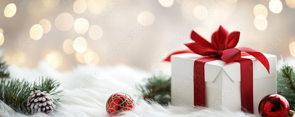 Christmas background with a white gift box, red ribbon, and bokeh lights Christmas background with a white gift box, red ribbon, and bokeh lights