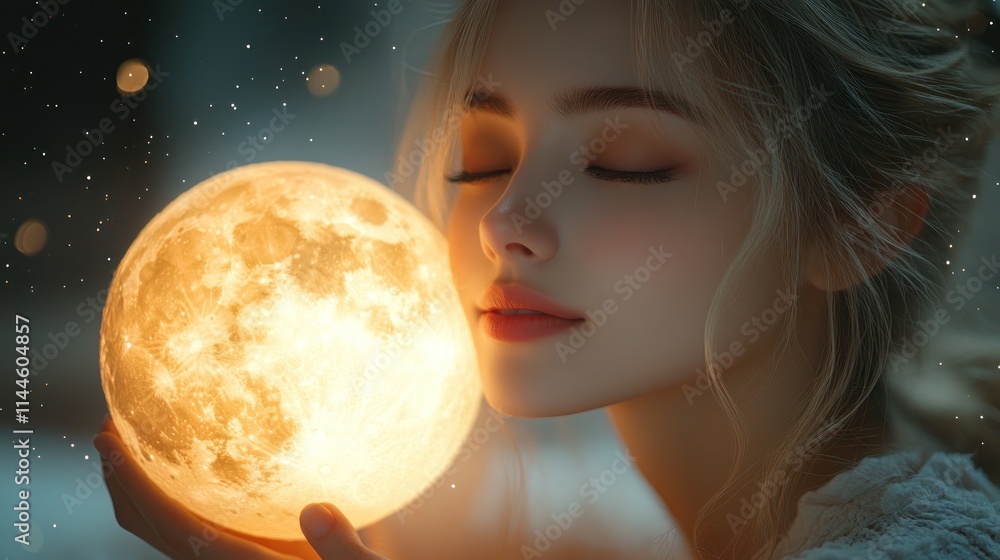 Naklejka premium A serene woman embraces a glowing moon, capturing a moment of tranquility and wonder.