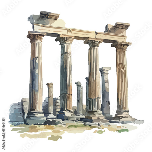 Ruins of columns, remains of ancient building, watercolor illustration