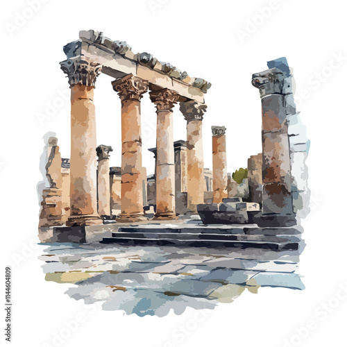 Ruins of columns, remains of ancient building, watercolor illustration