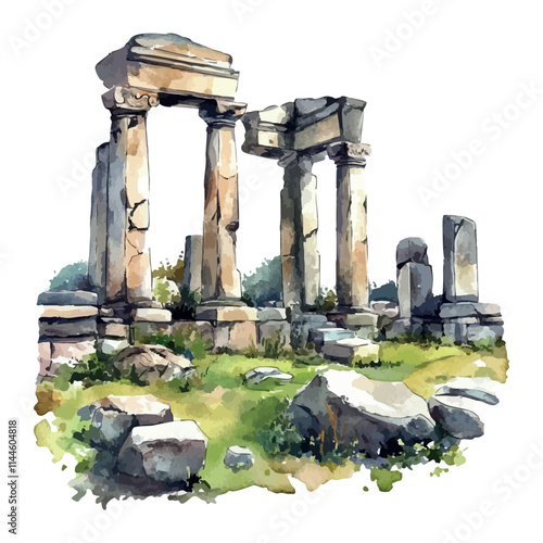 Ruins of columns, remains of ancient building, watercolor illustration