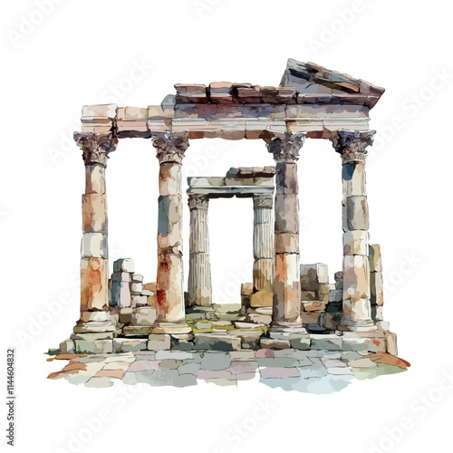Ruins of columns, remains of ancient building, watercolor illustration