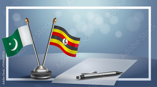 Pakistan and Uganda National flags on small table with bokeh background, cooperative relationship
