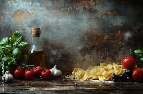 Fresh ingredients arranged on a wooden table including pasta, tomatoes, garli...