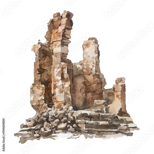 Ruins of ancient building, watercolor illustration isolated