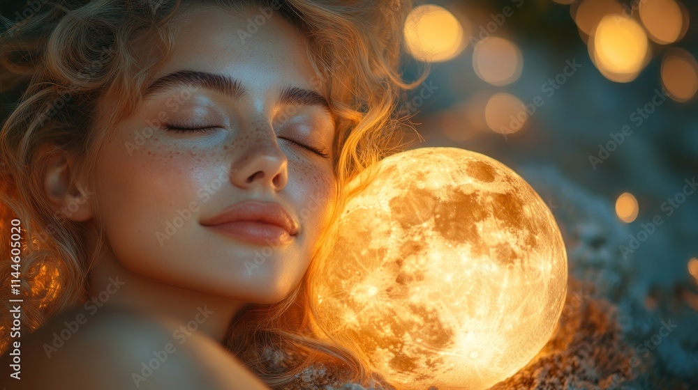 Naklejka premium A serene woman embraces a glowing moon, evoking a dreamy, mystical atmosphere.