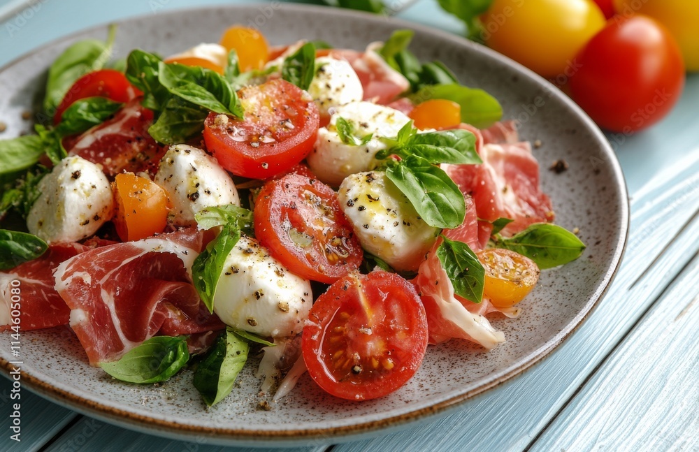 Delicious plate of prosciutto with creamy burrata cheese and fresh greens served on a rustic wooden table Delicious plate of prosciutto with creamy burrata cheese and fresh greens served on a rustic wooden table