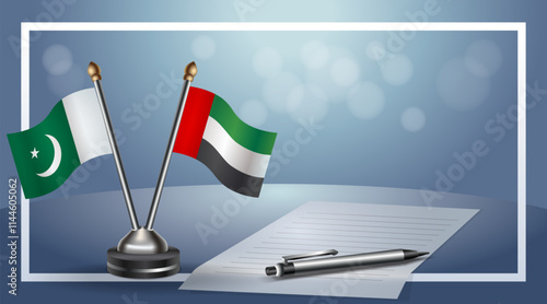 Pakistan and United Arab Emirates National flags on small table with bokeh background, cooperative relationship