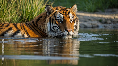 A majestic tiger wading through a serene river photo